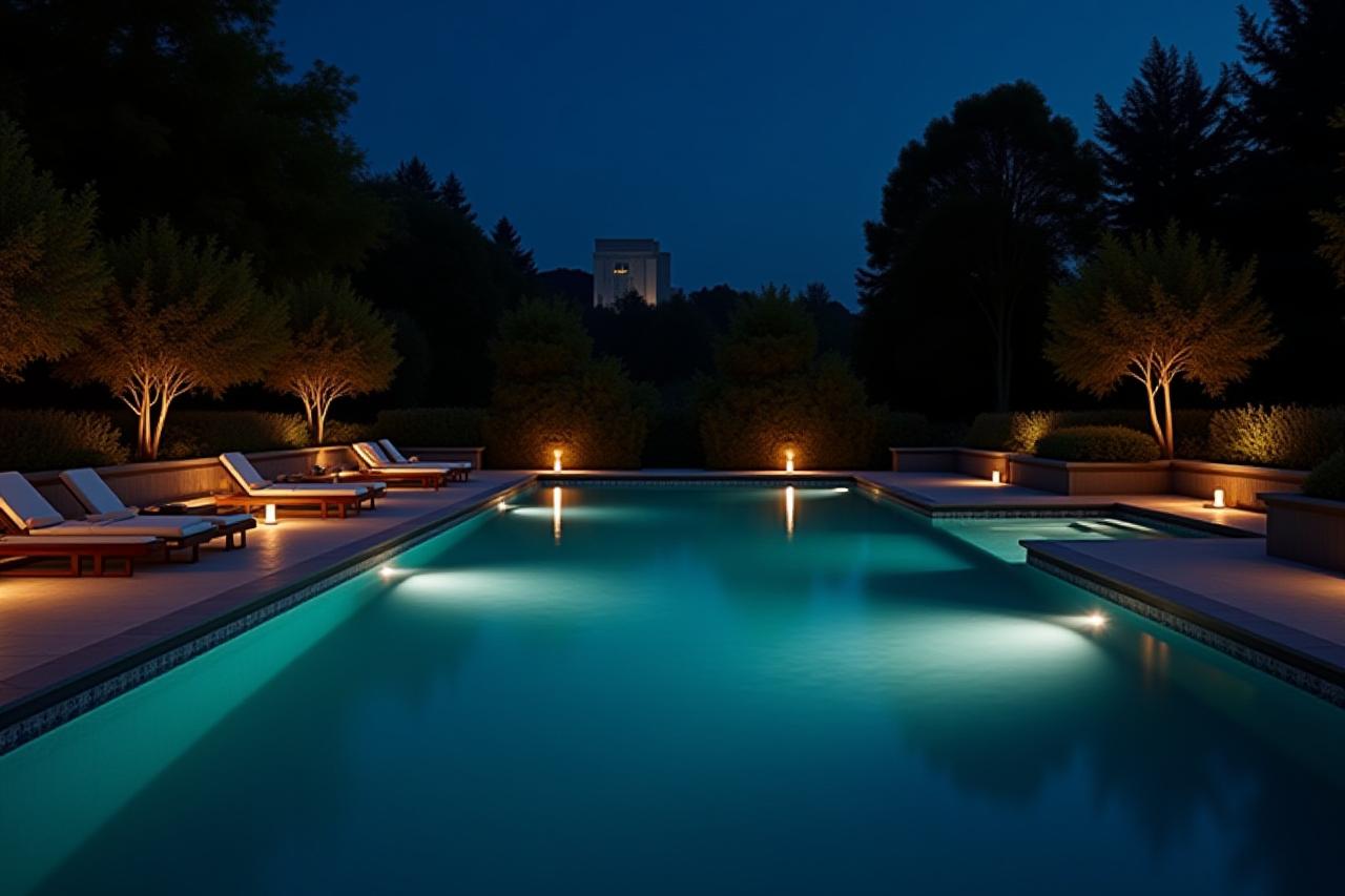 Piscina notturna moderna con illuminazione suggestiva